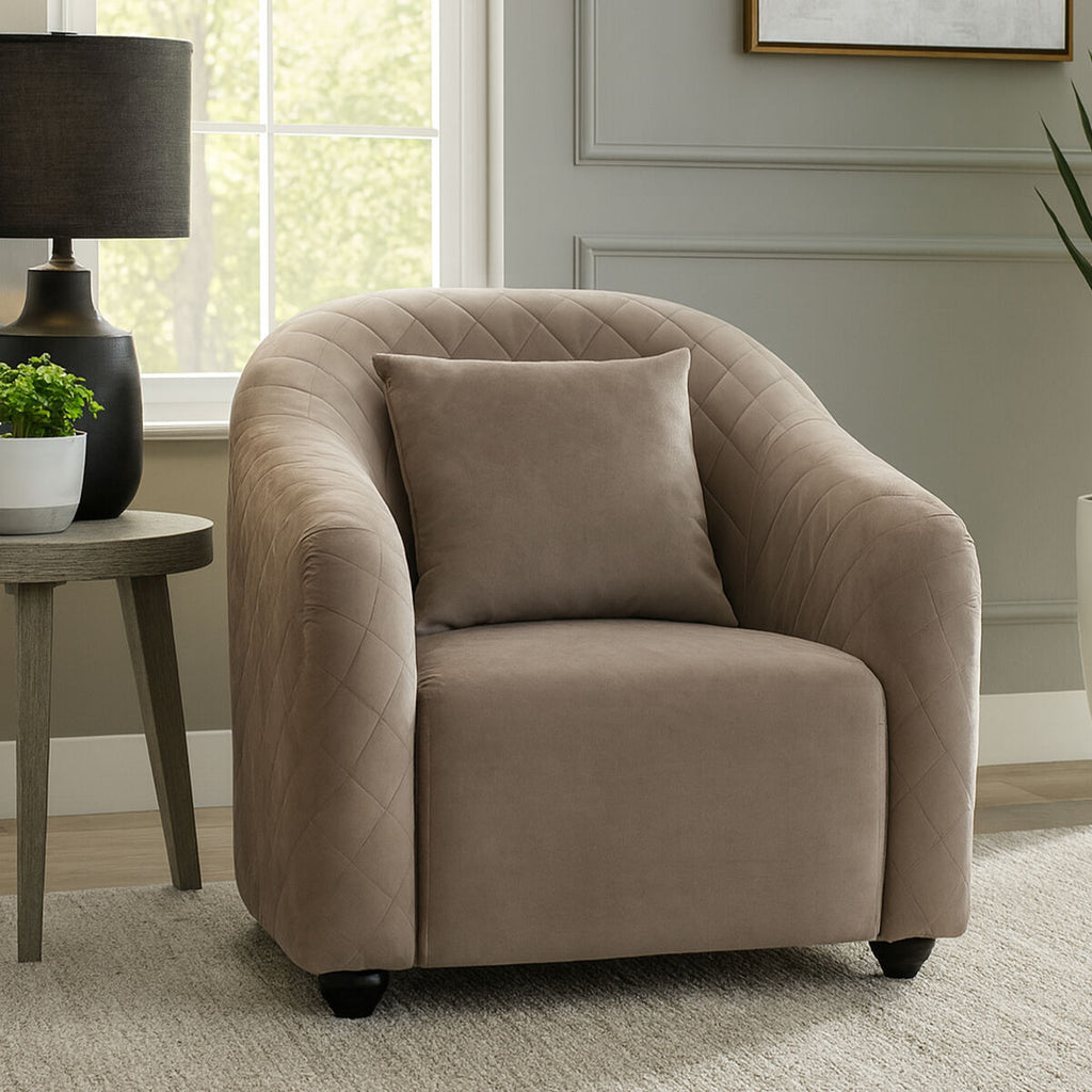 Orsina Fifi Grey Velvet Accent Chair – Quilted Back with Gold Detail