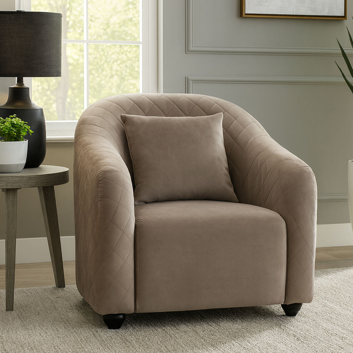 Orsina Fifi Grey Velvet Accent Chair – Quilted Back with Gold Detail