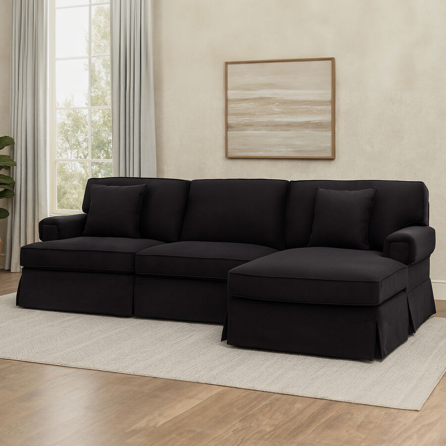 Orsina Ralph 3 Seater Black Velvet Sofa with Right-Hand Chaise