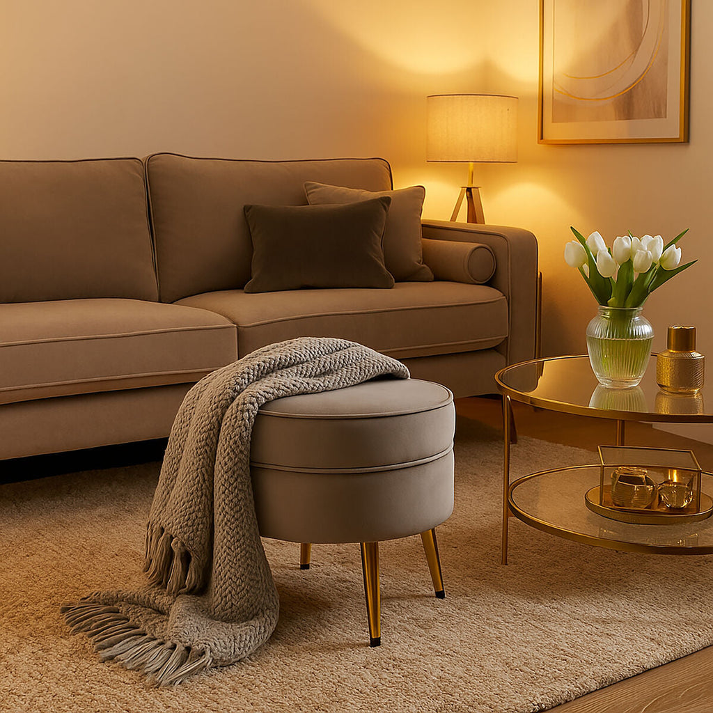 Orsina Tamra Round Velvet Footstool – Mink Ottoman with Gold Legs