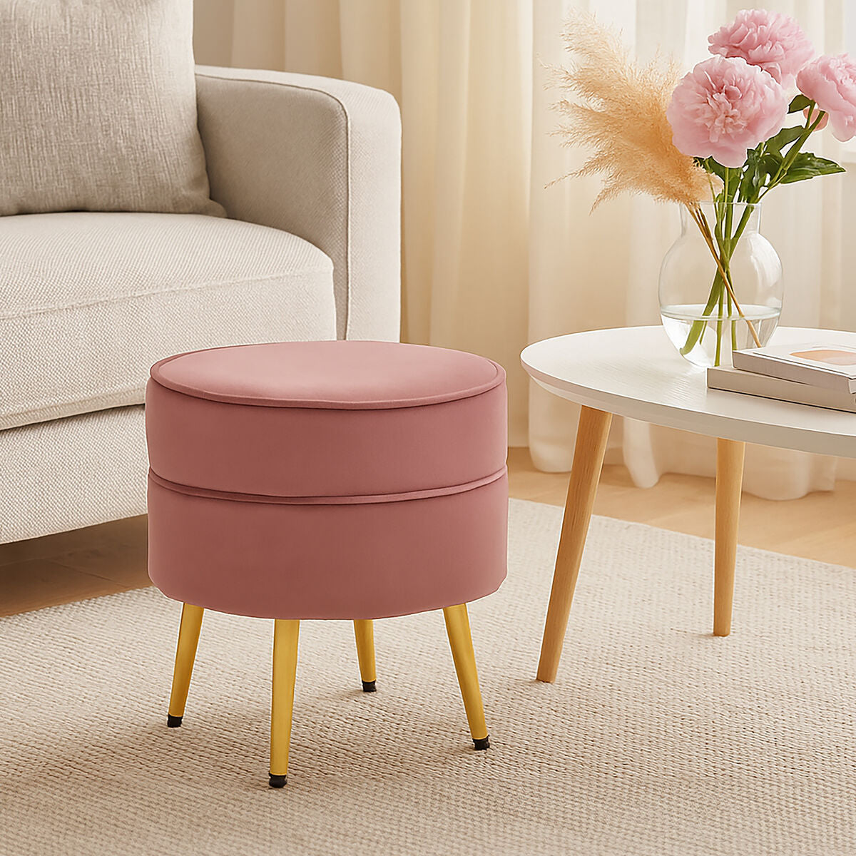 Orsina Tamra Round Velvet Footstool – Dusty Pink with Gold Legs