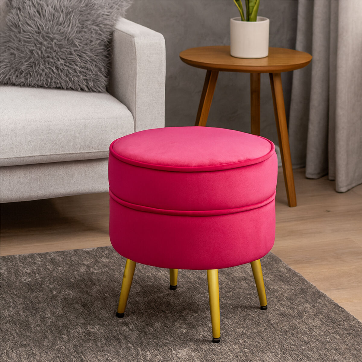Orsina Tamra Round Pink Velvet Footstool with Gold Legs | Ottoman