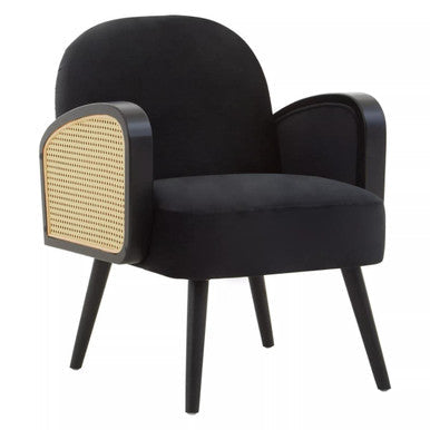 Orsina Hala Black Velvet and Rattan Armchair – Modern Accent Chair