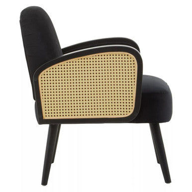 Orsina Hala Black Velvet and Rattan Armchair – Modern Accent Chair