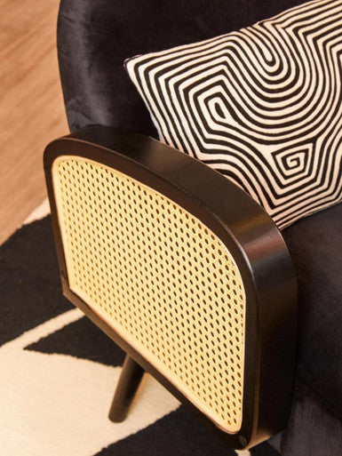 Orsina Hala Black Velvet and Rattan Armchair – Modern Accent Chair