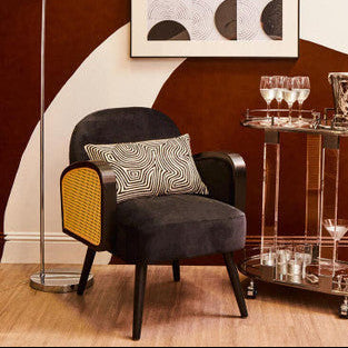 Orsina Hala Black Velvet and Rattan Armchair – Modern Accent Chair