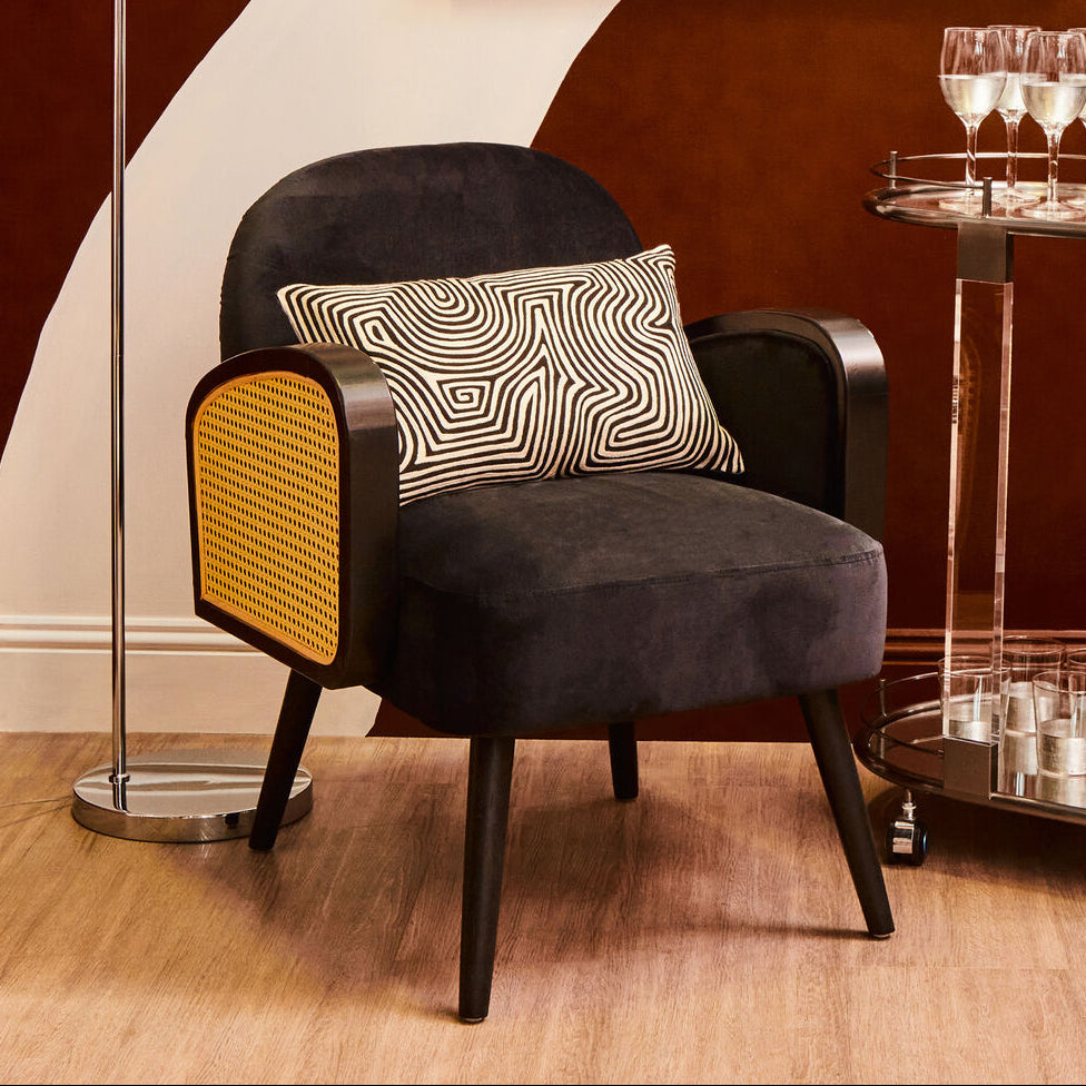 Orsina Hala Black Velvet and Rattan Armchair – Modern Accent Chair