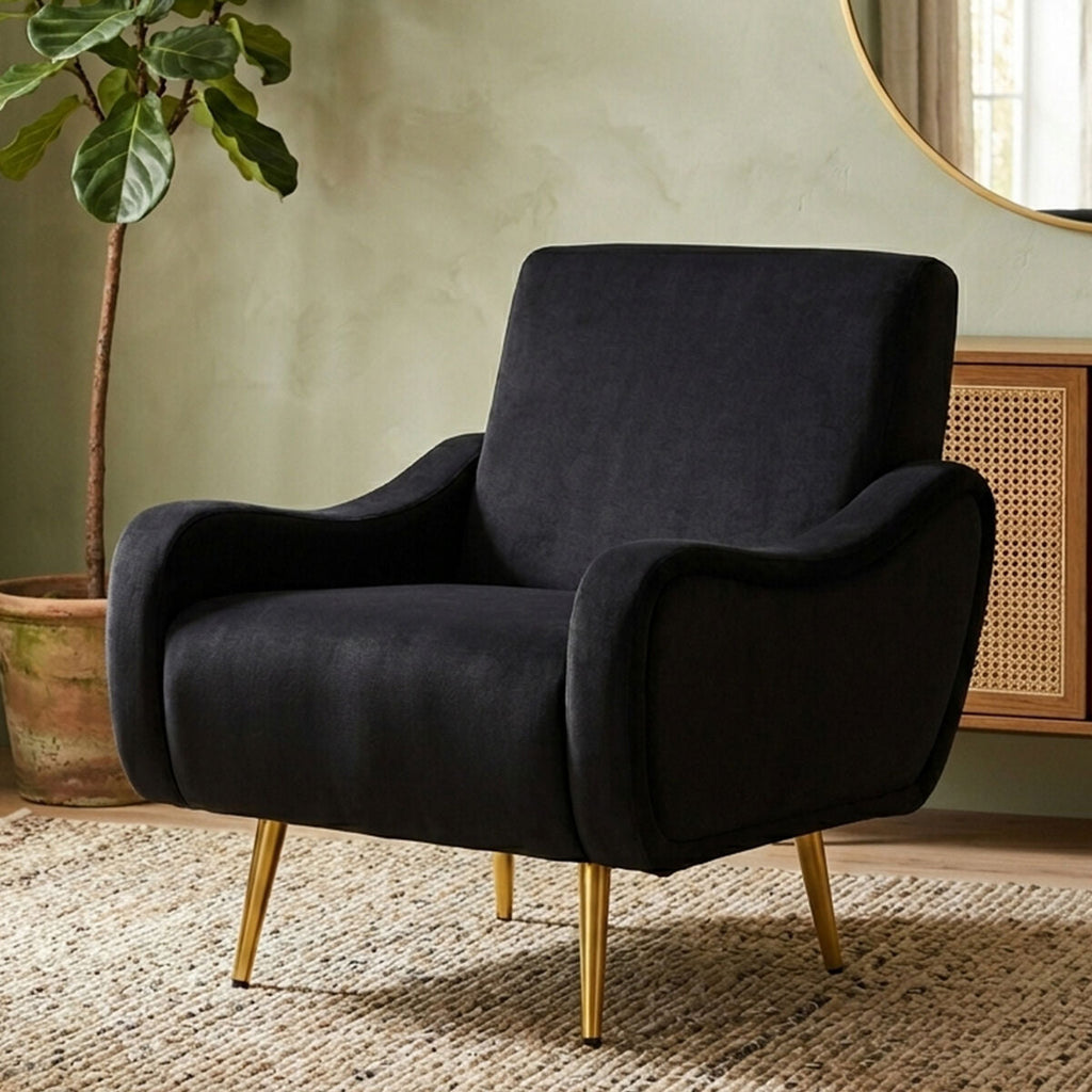 Orsina Holli Black Armchair – Modern Plush Accent Chair with Gold Legs