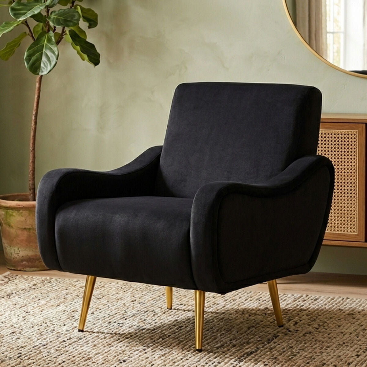Orsina Holli Black Armchair – Modern Plush Accent Chair with Gold Legs