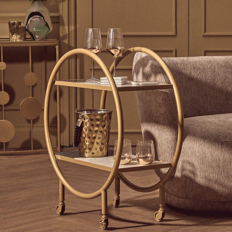 Orsina Vizzini 2-Tier Brass Bar Cart with White Marble Shelves