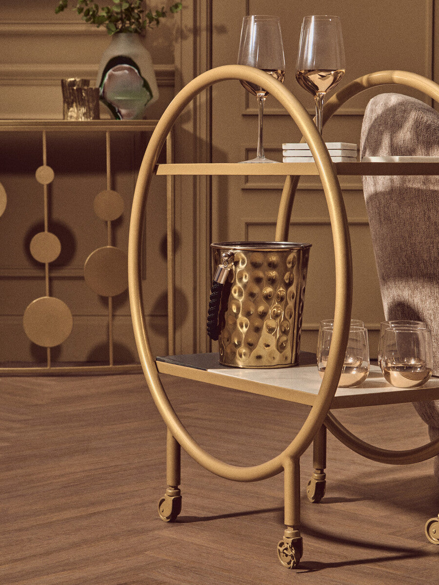 Orsina Vizzini 2-Tier Brass Bar Cart with White Marble Shelves
