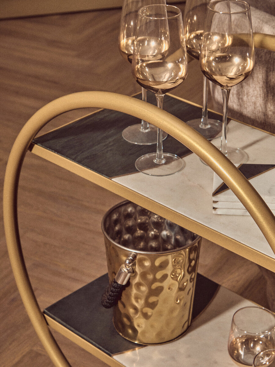 Orsina Vizzini 2-Tier Brass Bar Cart with White Marble Shelves