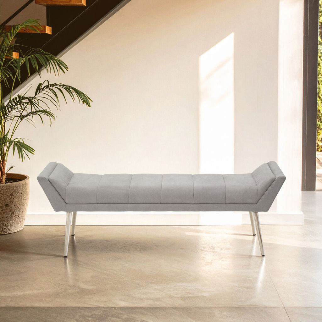 Orsina Gilden Grey Fabric Bench – Upholstered Seat with Silver Legs