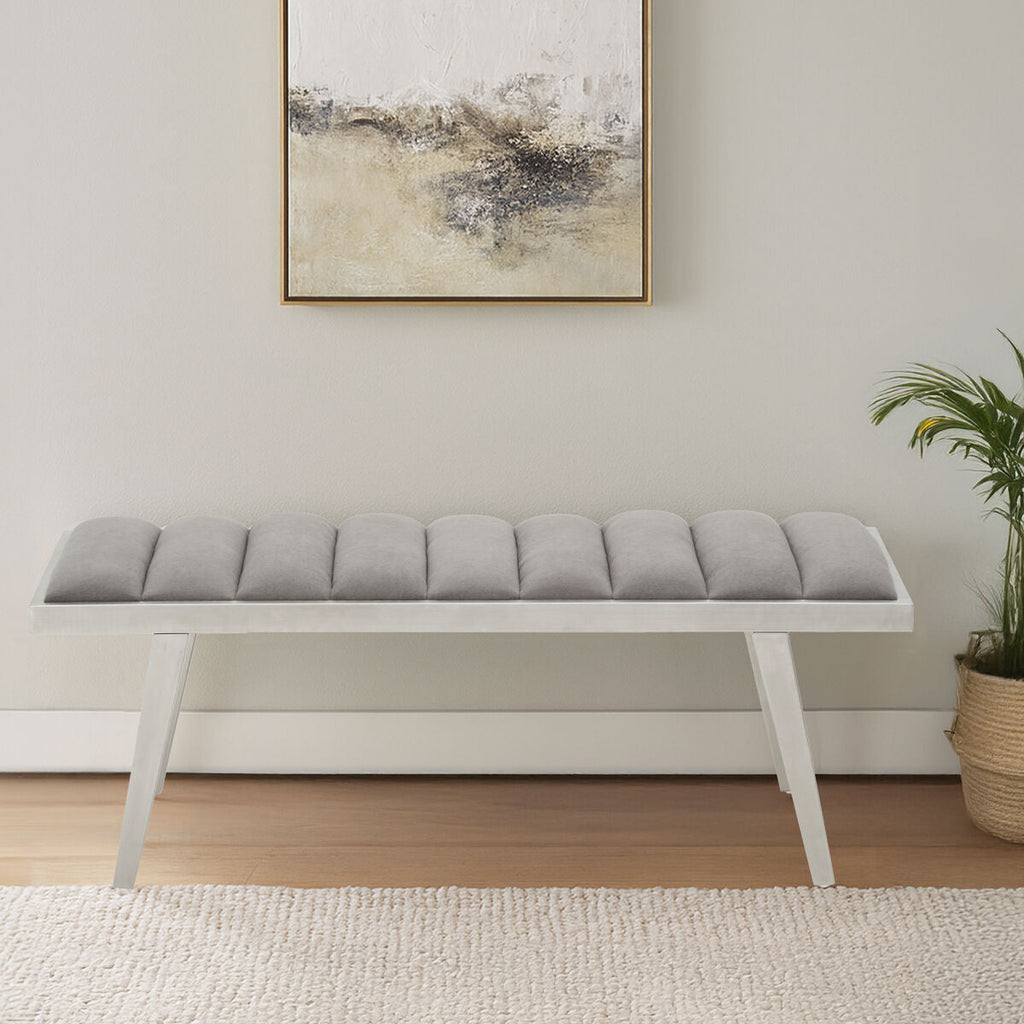 Orsina Gilden Grey Velvet Bench – Tufted Seat with Brushed Silver Frame