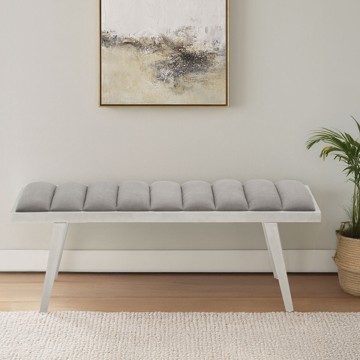 Orsina Gilden Grey Velvet Bench – Tufted Seat with Brushed Silver Frame