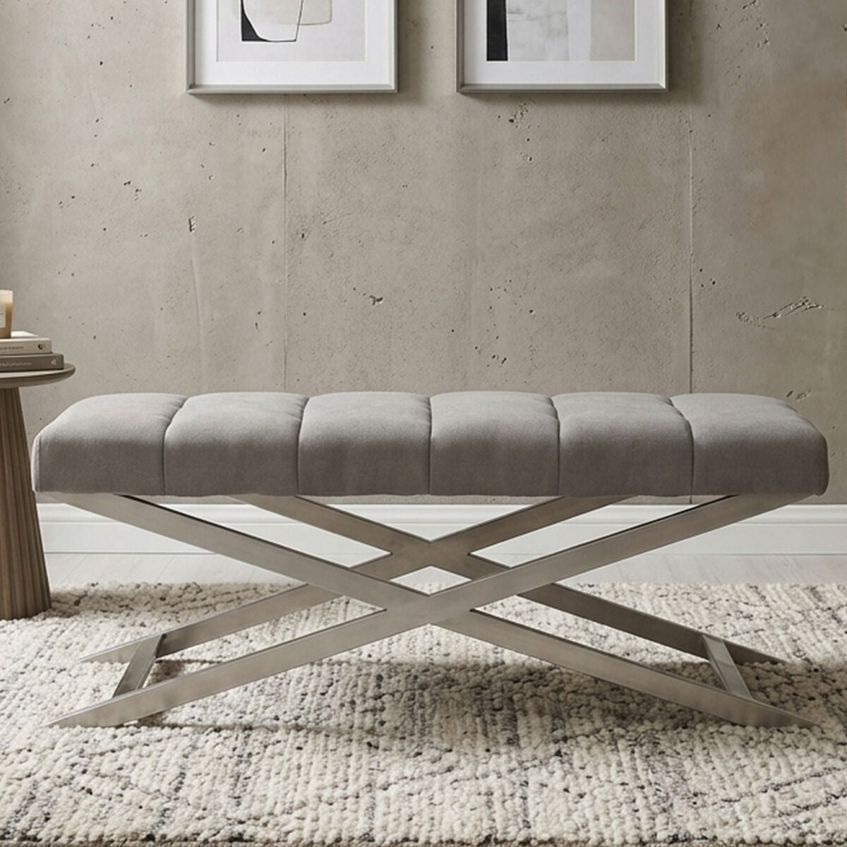 Orsina Gilden Grey Upholstered Bench – Channel-Tufted Cross Base