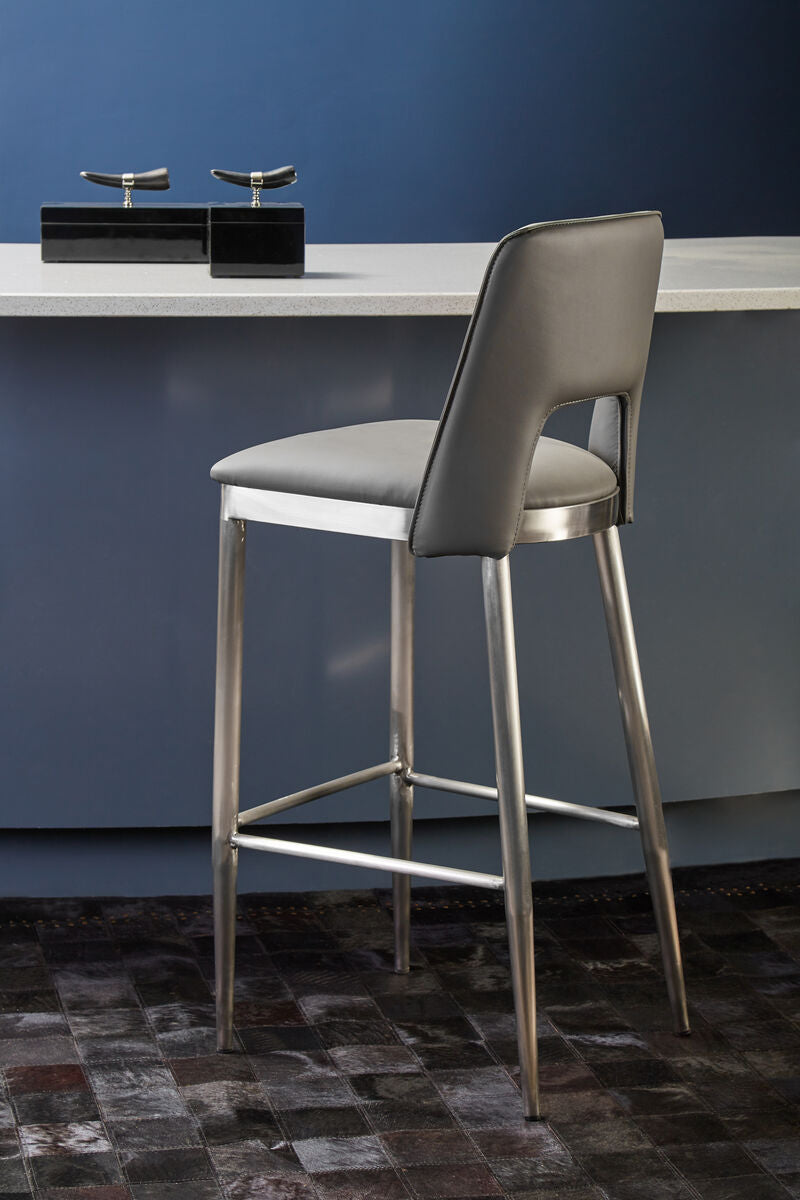 Orsina Gilden Grey Leather Effect Bar Chair with Brushed Silver Legs