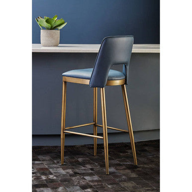 Orsina Gilden Blue Leather Effect Bar Chair with Brass Legs