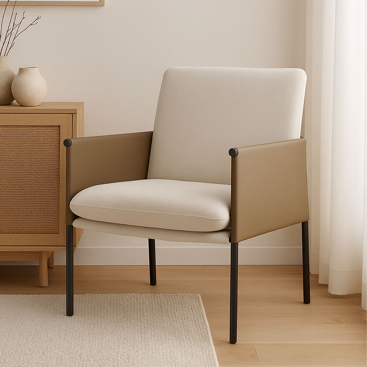 Orsina Gilden White Fabric and Brown Faux Leather Dining Chair