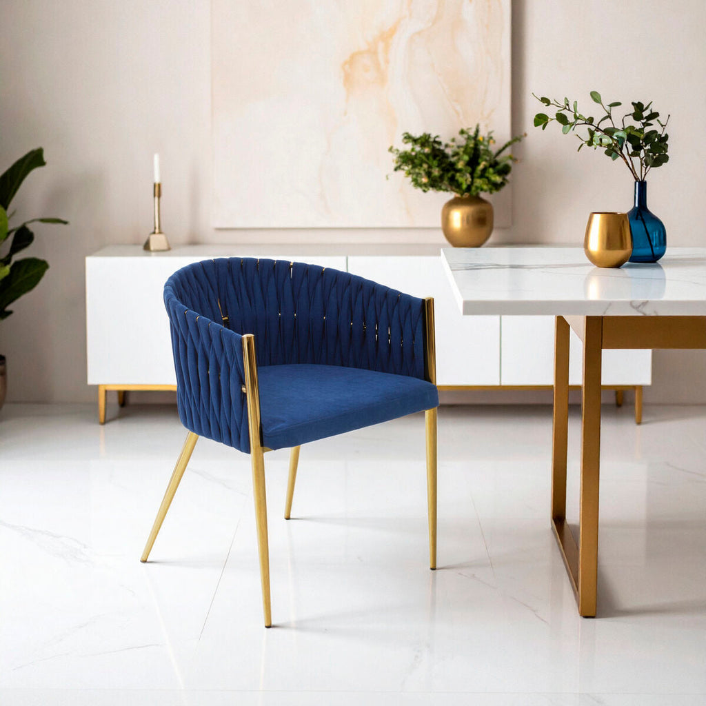 Orsina Gilden Blue Dining Chair – Woven Back with Gold Legs