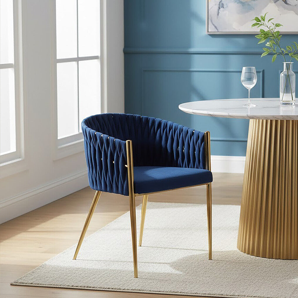 Orsina Gilden Blue Dining Chair – Woven Back with Gold Legs
