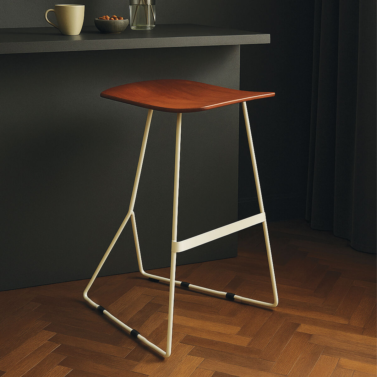 Orsina Nandri Acacia Wood Bar Stool | Antique Silver Sledge Base