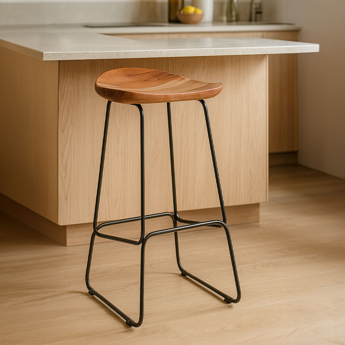 Orsina Nandri Bar Stool – Acacia Wood and Black Metal Frame