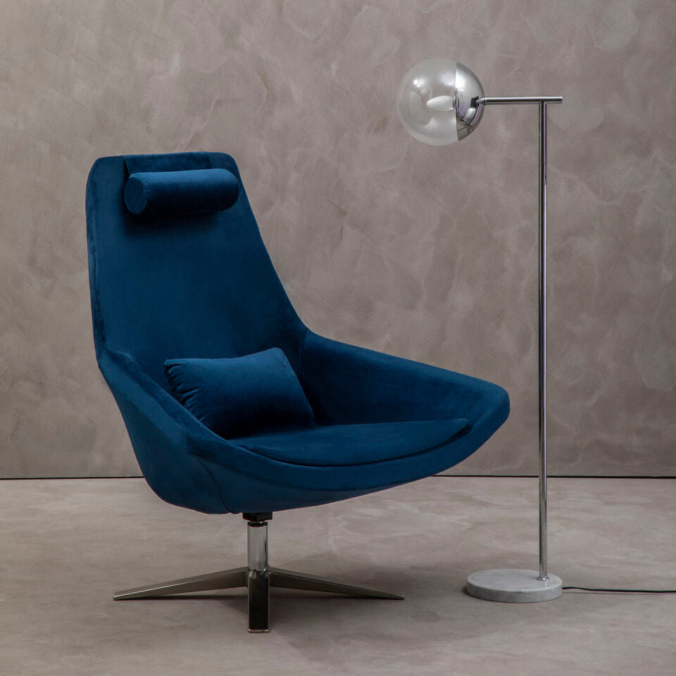 Orsina Kalo Navy Velvet Swivel Lounge Chair | Modern Silver Star Base