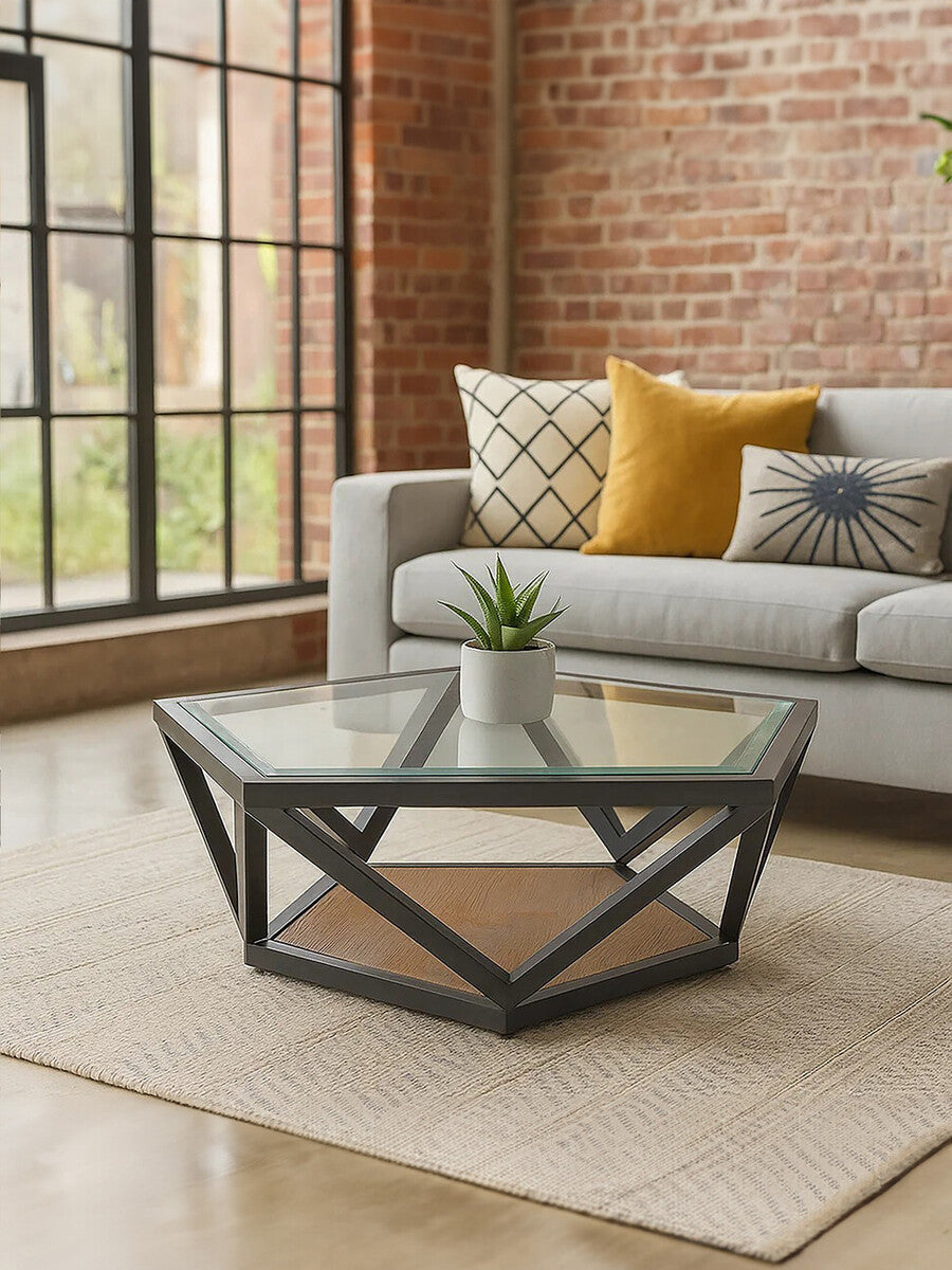Orsina Hexagon Coffee Table – Black Metal Frame with Teak Base
