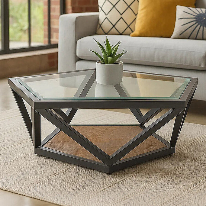 Orsina Hexagon Coffee Table – Black Metal Frame with Teak Base