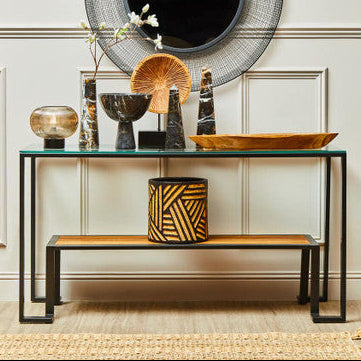 Orsina Cibo 2-Tier Console Table – Glass Top and Wood Lower Shelf
