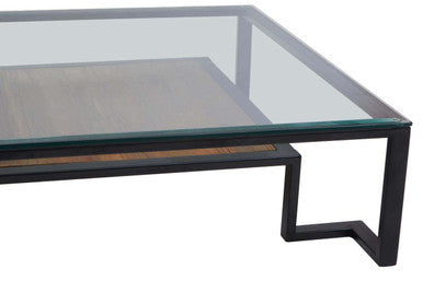 Orsina Cibo Glass Coffee Table – Mid-Century Wood Shelf & Iron Frame