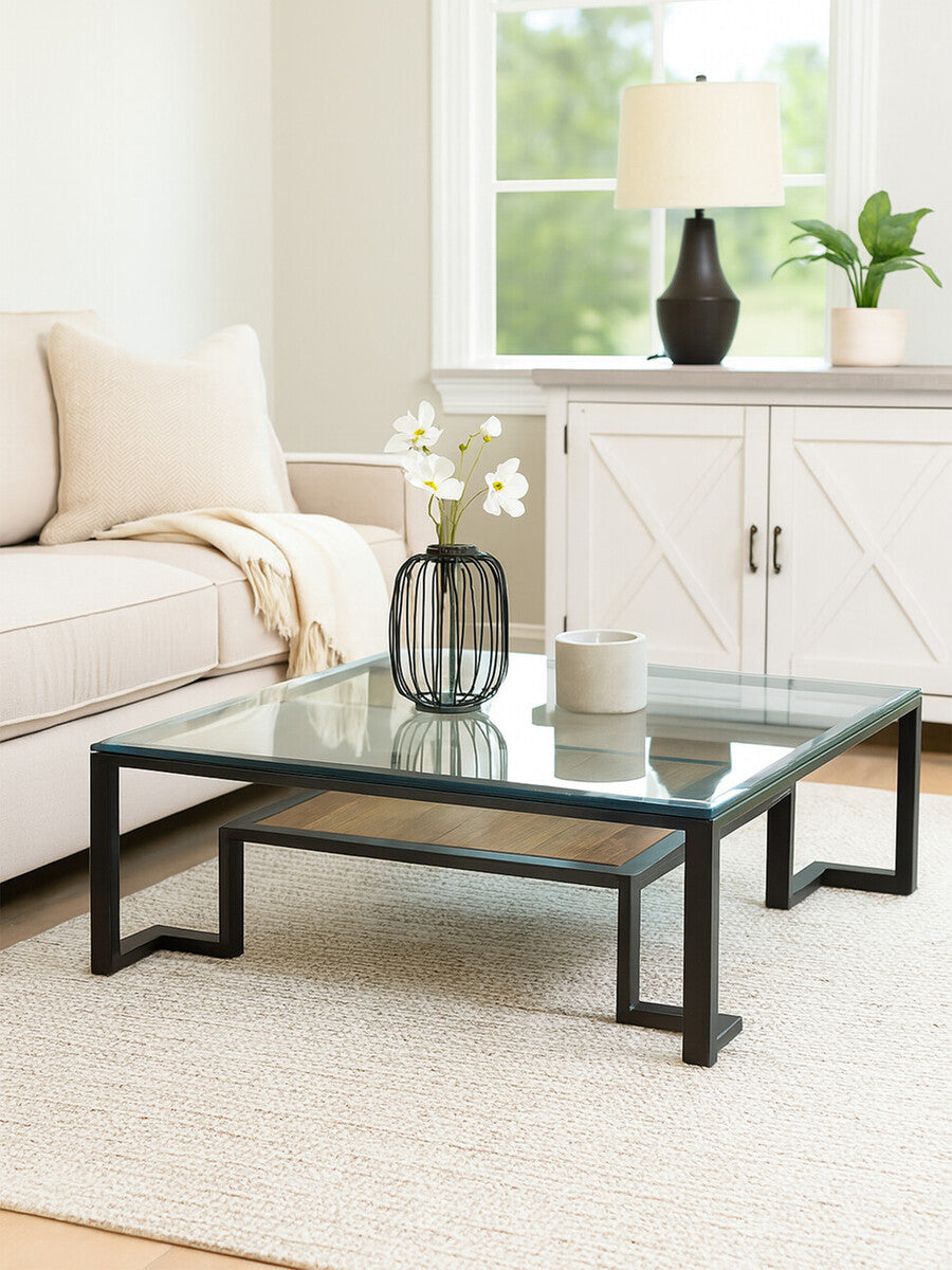Orsina Cibo Glass Coffee Table – Mid-Century Wood Shelf & Iron Frame