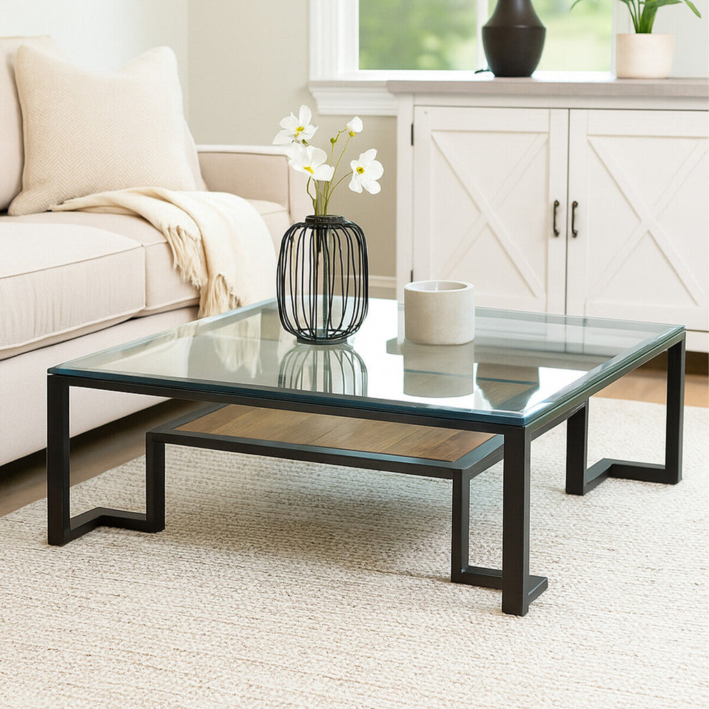 Orsina Cibo Glass Coffee Table – Mid-Century Wood Shelf & Iron Frame