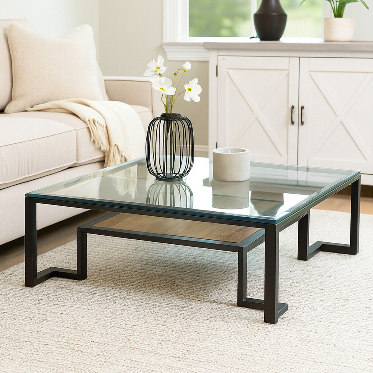 Orsina Cibo Glass Coffee Table – Mid-Century Wood Shelf & Iron Frame