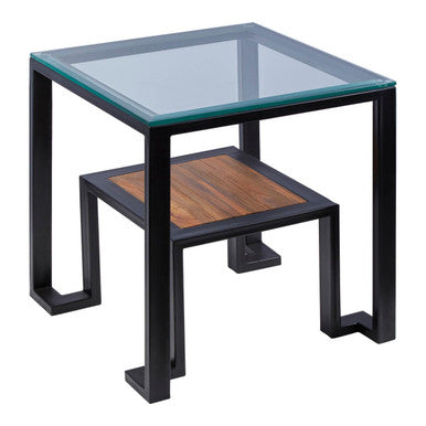 Orsina Cibo Glass Side Table with Wood Shelf and Black Metal Frame