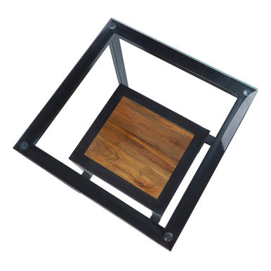 Orsina Cibo Glass Side Table with Wood Shelf and Black Metal Frame