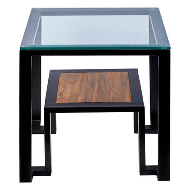 Orsina Cibo Glass Side Table with Wood Shelf and Black Metal Frame
