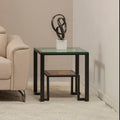 Orsina Cibo Glass Side Table with Wood Shelf and Black Metal Frame