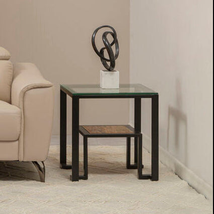 Orsina Cibo Glass Side Table with Wood Shelf and Black Metal Frame