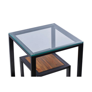 Orsina Cibo Glass Side Table with Wood Shelf and Black Metal Frame