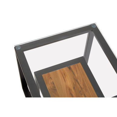 Orsina Cibo Glass Side Table with Wood Shelf and Black Metal Frame