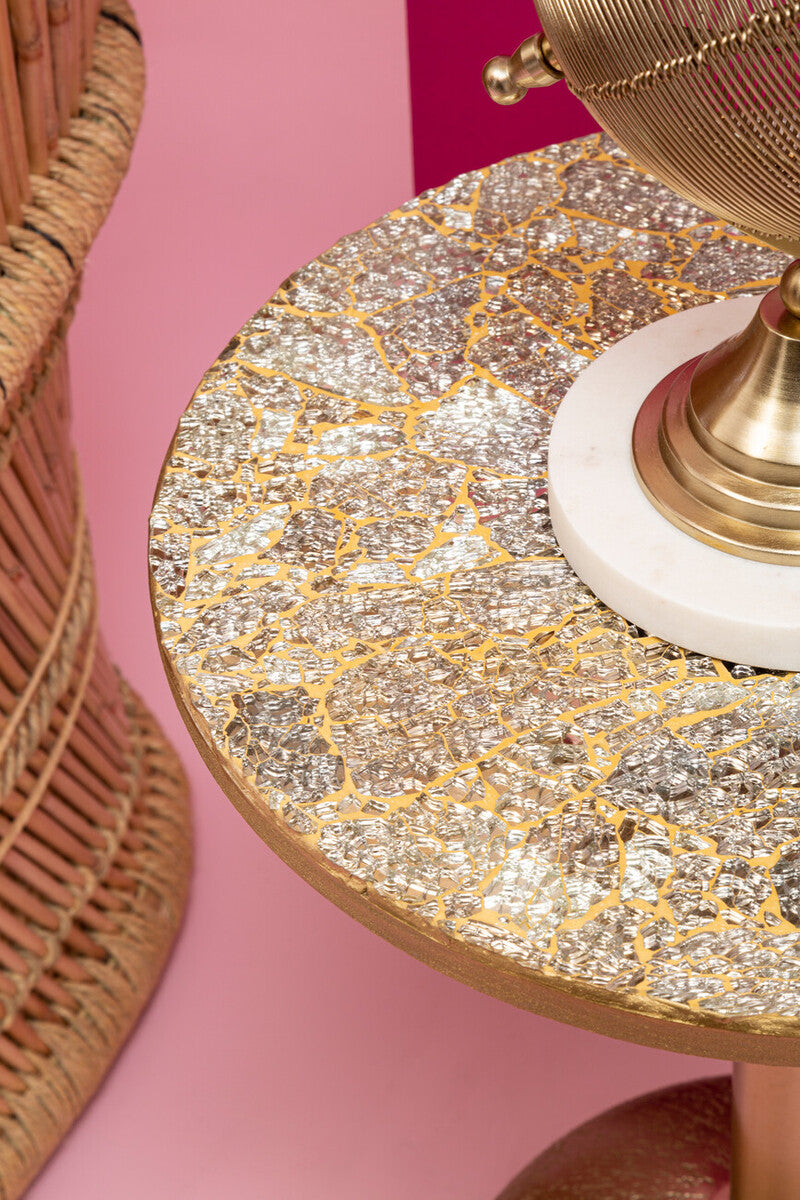 Orsina Gold Side Table – Geometric Mosaic Top with Round Base
