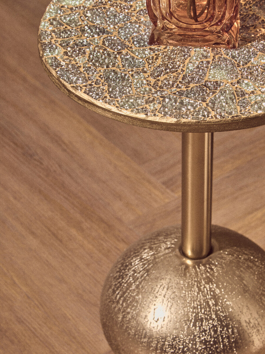 Orsina Gold Side Table – Geometric Mosaic Top with Round Base