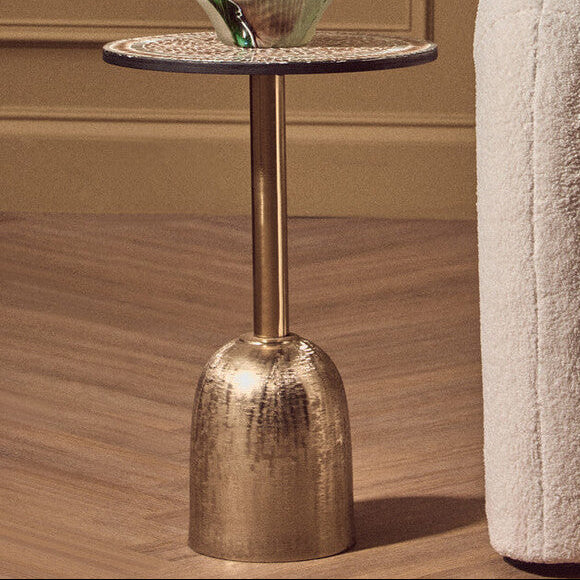 Orsina Geometric Mosaic Side Table | Gold Cylindrical Pedestal Base