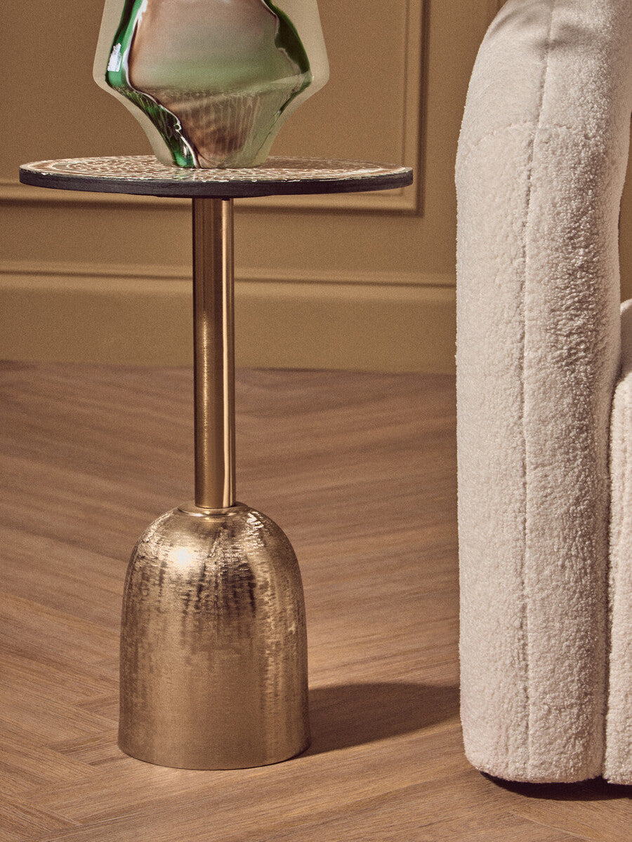 Orsina Geometric Mosaic Side Table | Gold Cylindrical Pedestal Base