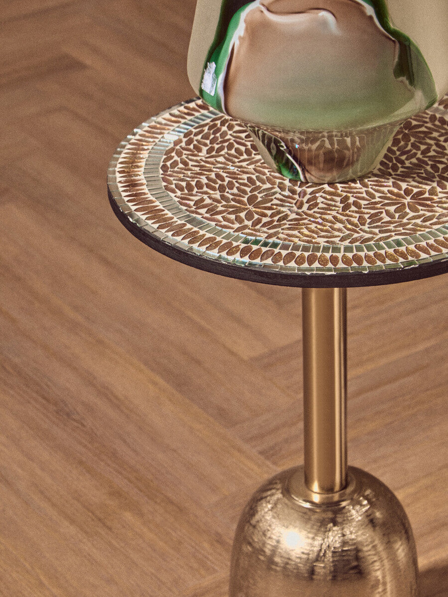 Orsina Geometric Mosaic Side Table | Gold Cylindrical Pedestal Base