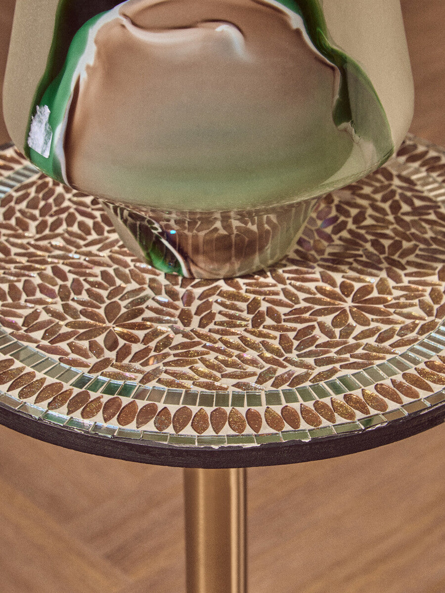 Orsina Geometric Mosaic Side Table | Gold Cylindrical Pedestal Base