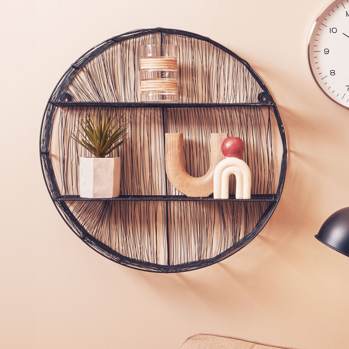Orsina Enzo Round Wall Shelf – Black Metal Wire Industrial Storage