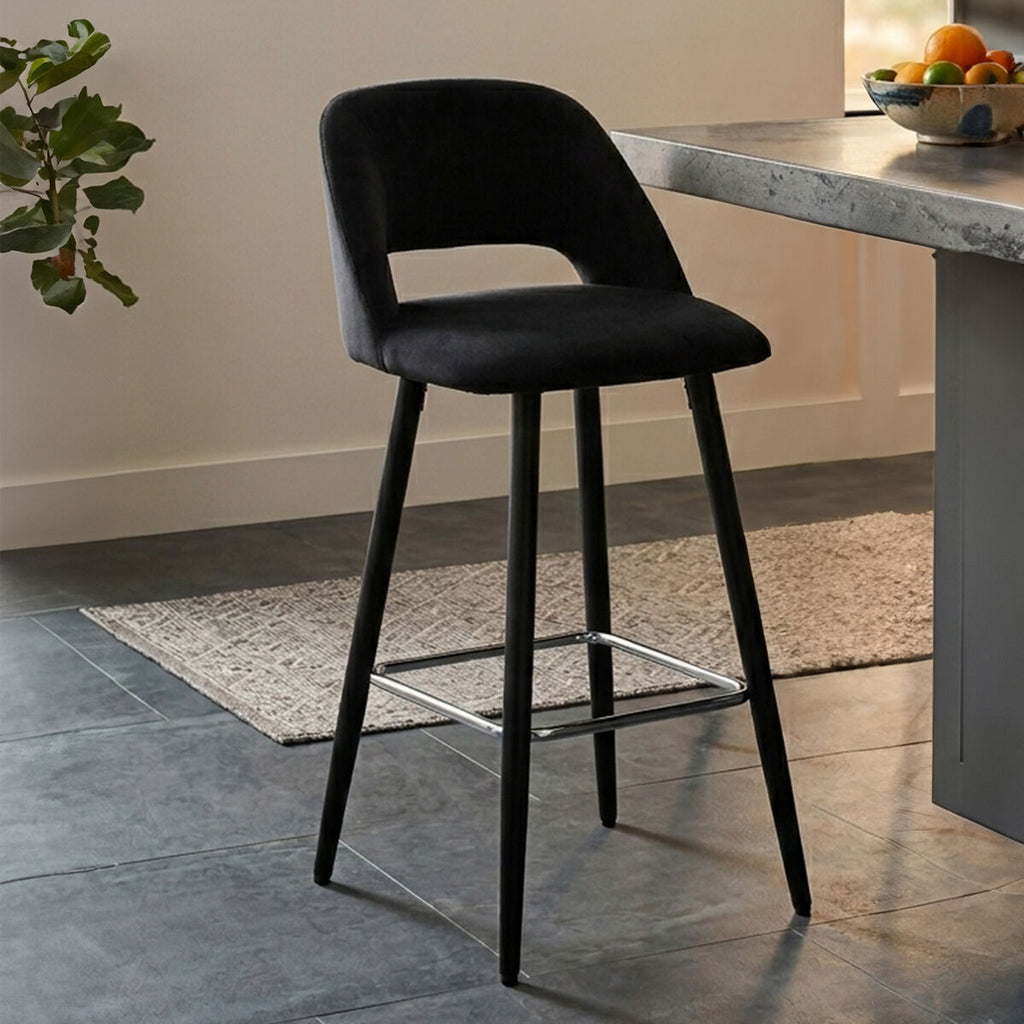 Orsina Warren Black Velvet Bar Chair | Mid-Century Modern Stool